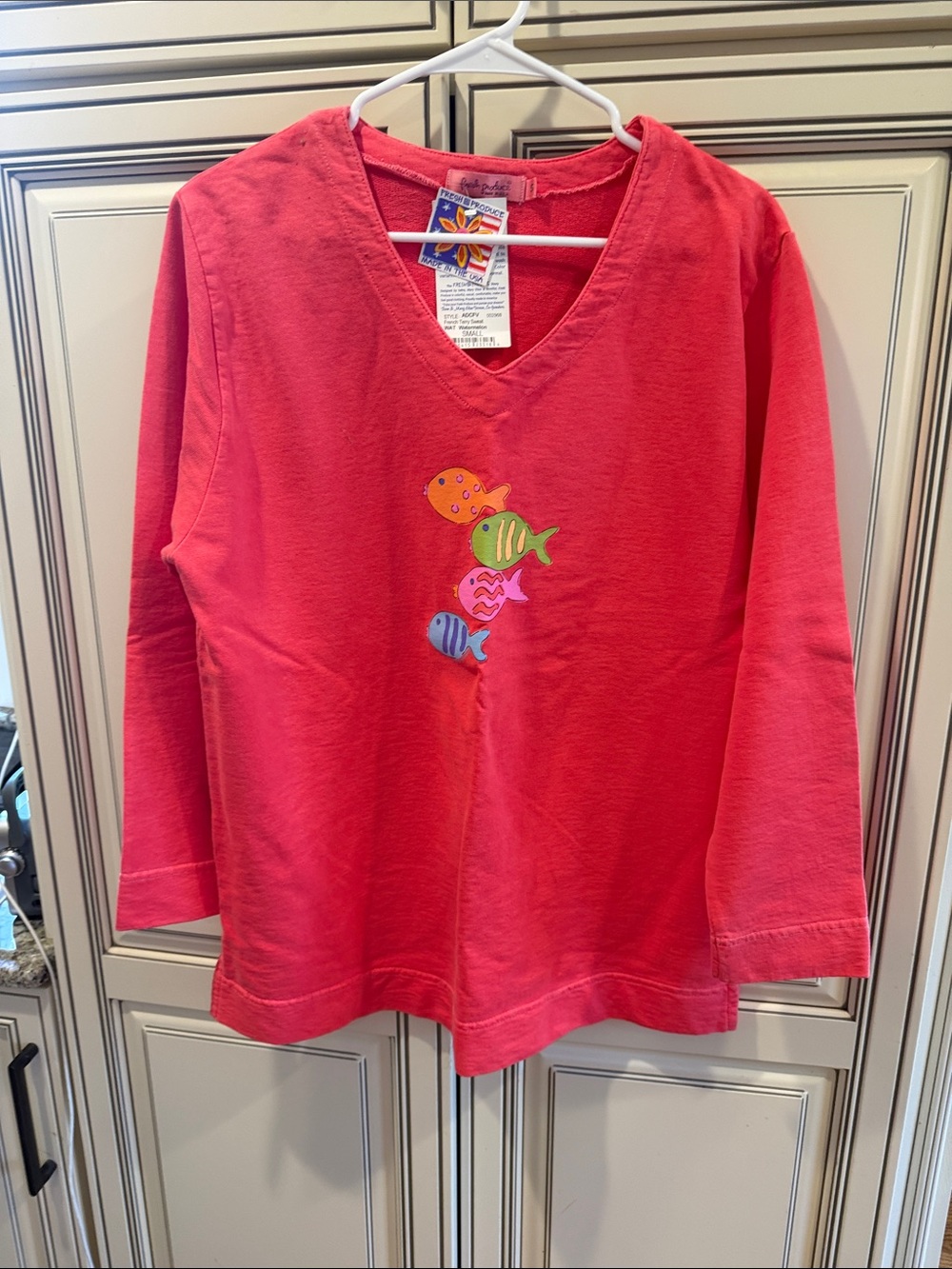 fresh Produce Coral Red Long-Sleeve V-Neck Top with Colorful Fish